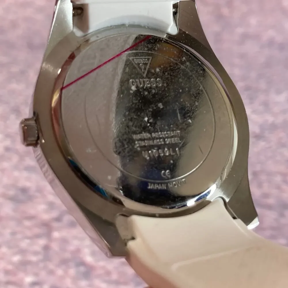 0016 Guess Wanderlust Silver Tone & Pastel Crystals w/White Silicone Strap READ